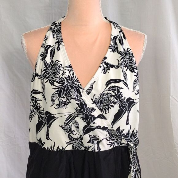 Apt 9 Black White Floral Halter Wrap Front One Piece Swimsuit Dress XL - Picture 3 of 15